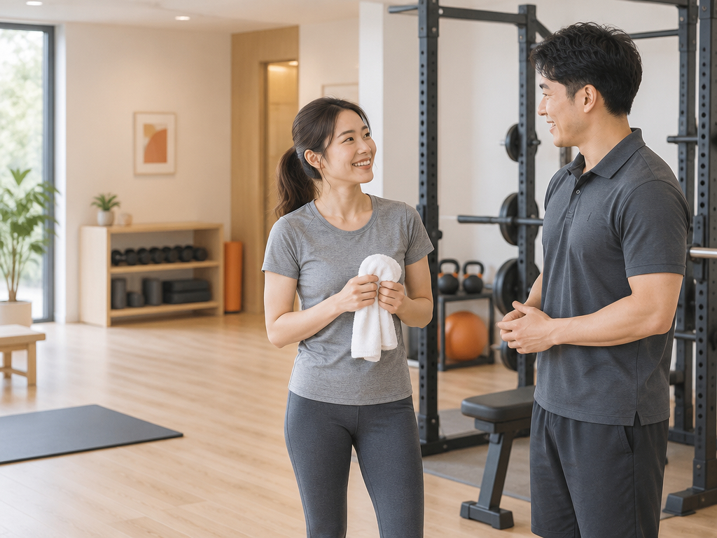 トレーニング後に笑顔で話すトレーナーと女性